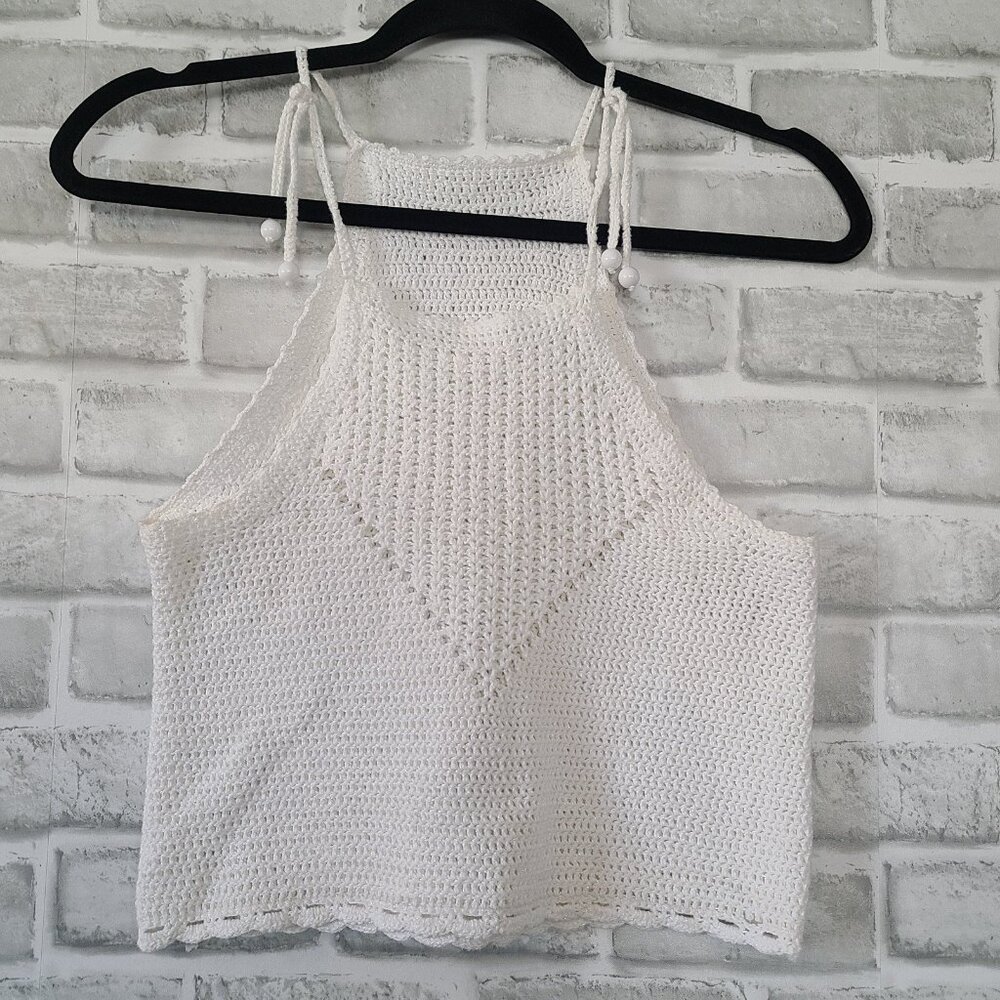 White Knit Halter Crop Top Swim Cover Beach Festival Boho Beaded Tie